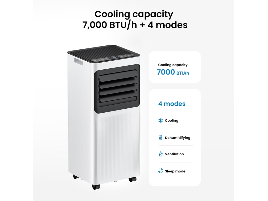 Aire Acondicionado Portátil 4 En 1 7000 Btu Con Calefacción, Deshumidificador, Ventilador, Led Y Control Remoto