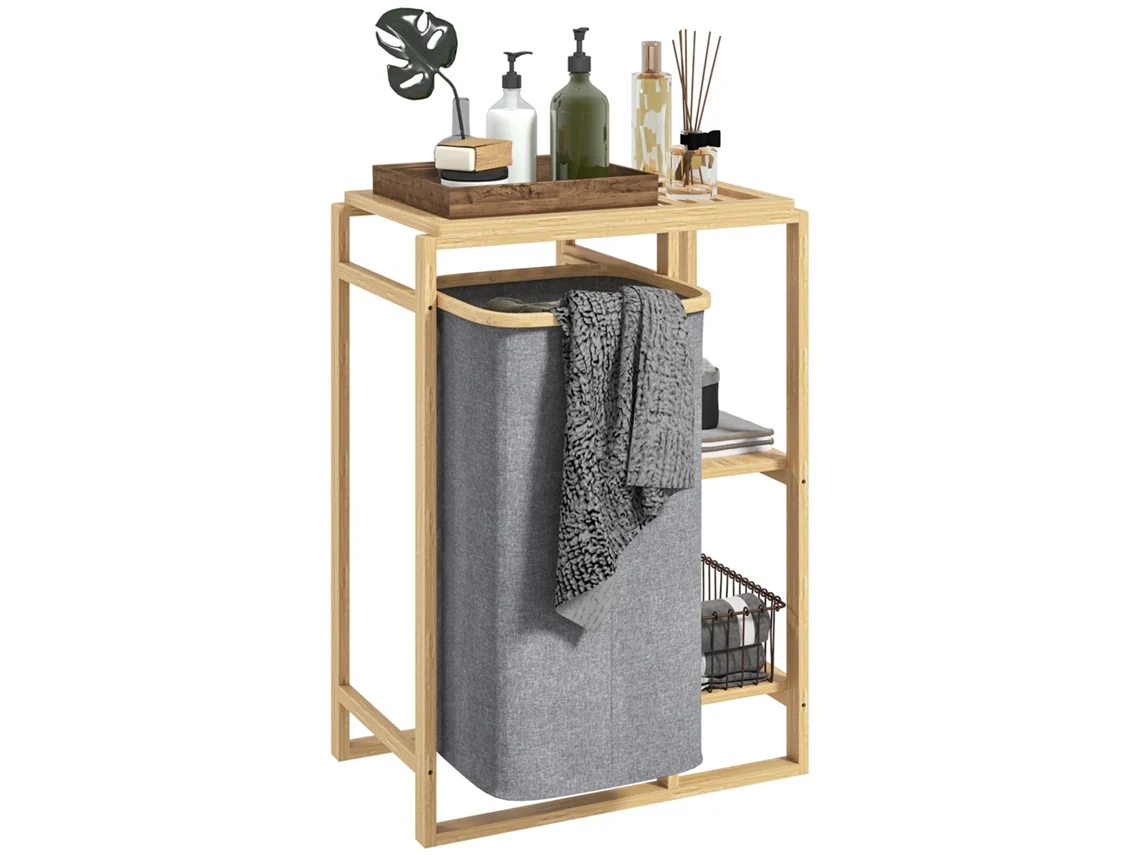 Cesto Ropa Bambú Con Bolsa Extraíble Y Estantes, 50x32x70cm, Gris