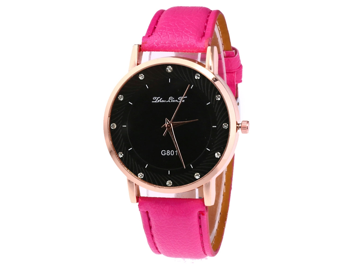 Reloj De Cuarzo Con Correa De Cuero Pu, Dial Redondo, Decoración De Strass, Unisex, Zhoulianfa (rojo Rosa)