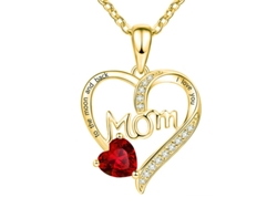 Collar Con Dije Corazón "mom" Grabado En Dorado, Con Piedra Roja Y Circonitas, Detalle Único Para El Día De La Madre