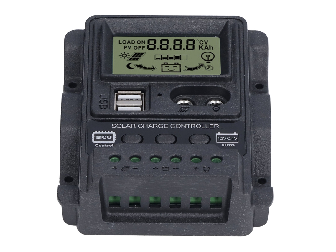 Controlador de carga solar con 2 puertos USB, LCD, PWM, 12 V/24 V, 10 A, control de iluminación, 130 W/260 W