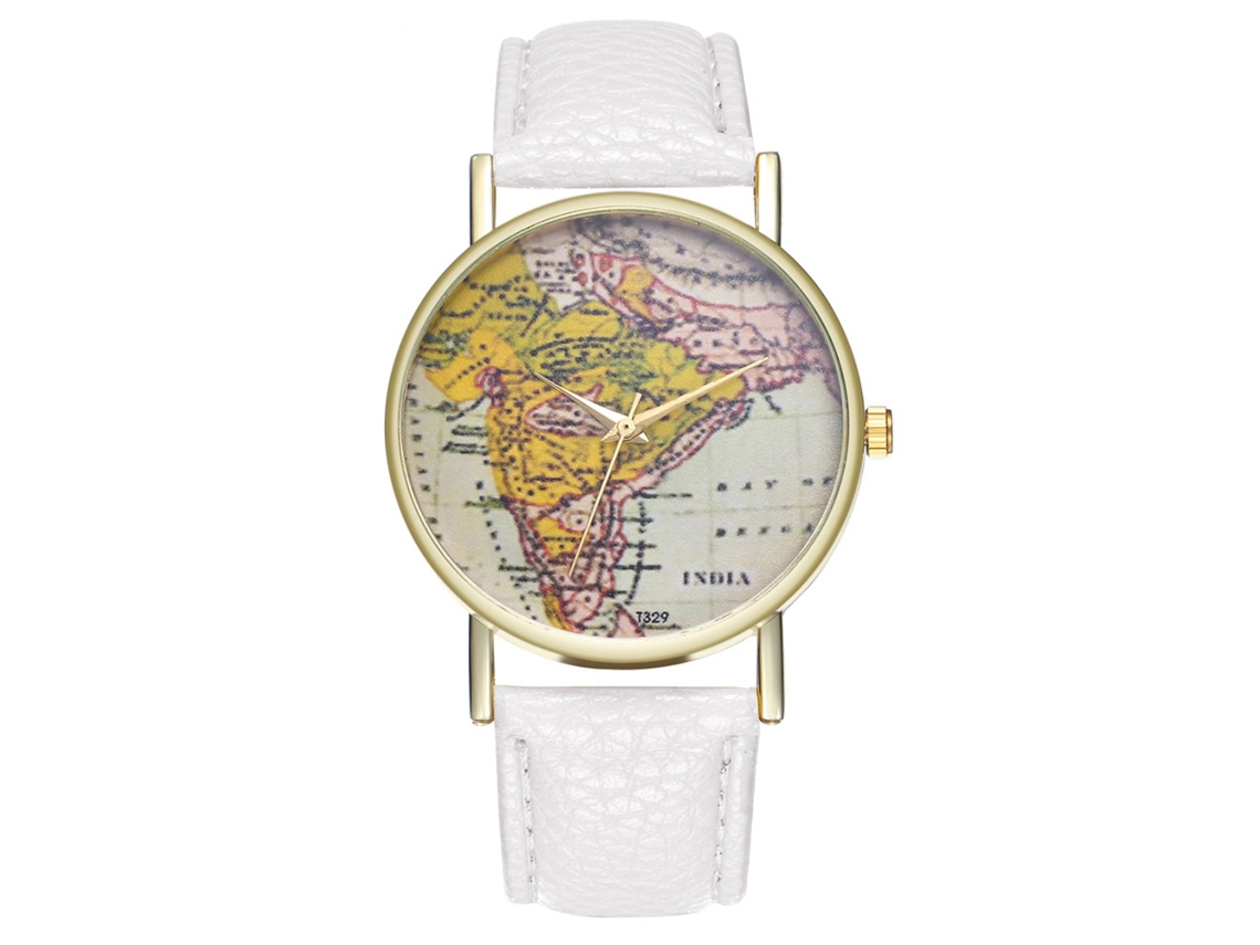 Reloj De Pulsera Unisex Zhoulianfa, Diseño De Mapa Retro, Correa De Cuero Sintético Blanco.