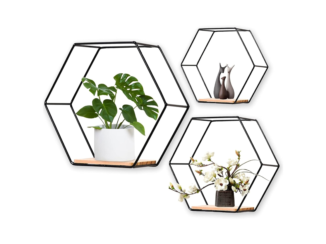 Estantería hexagonal geométrica de diseño contemporáneo. Estantería flotante hexagonal que ahorra espacio para dormitorio, sala de estar y cocina.