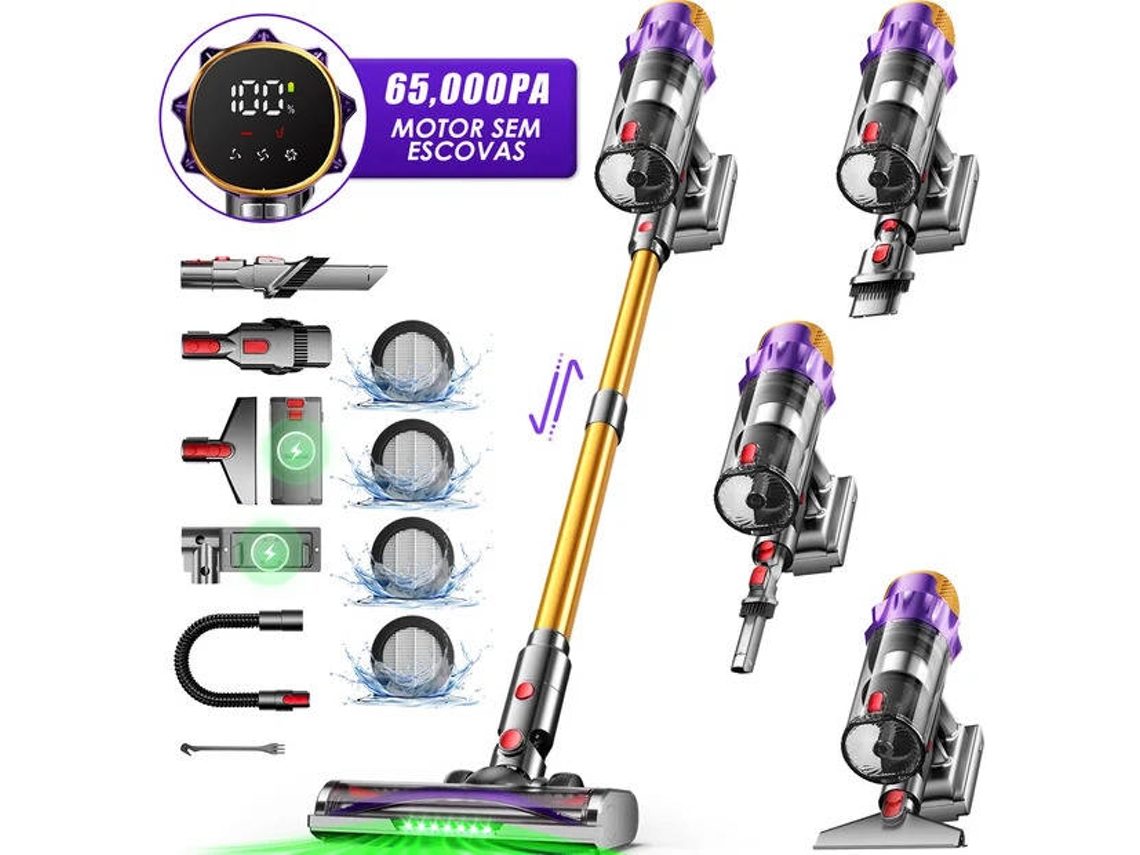 Aspiradora escoba sin cable 550W – 65.000Pa – 3 velocidades – pantalla LED – 70min de autonomía – depósito 1,8L – ideal para alfombras, suelos y pelos
