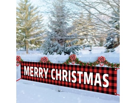 Pancarta grande de Feliz Navidad, cartel de Navidad a cuadros de búfalo rojo con patrón de árbol de Navidad de muñeco de nieve para fiesta de Navid...