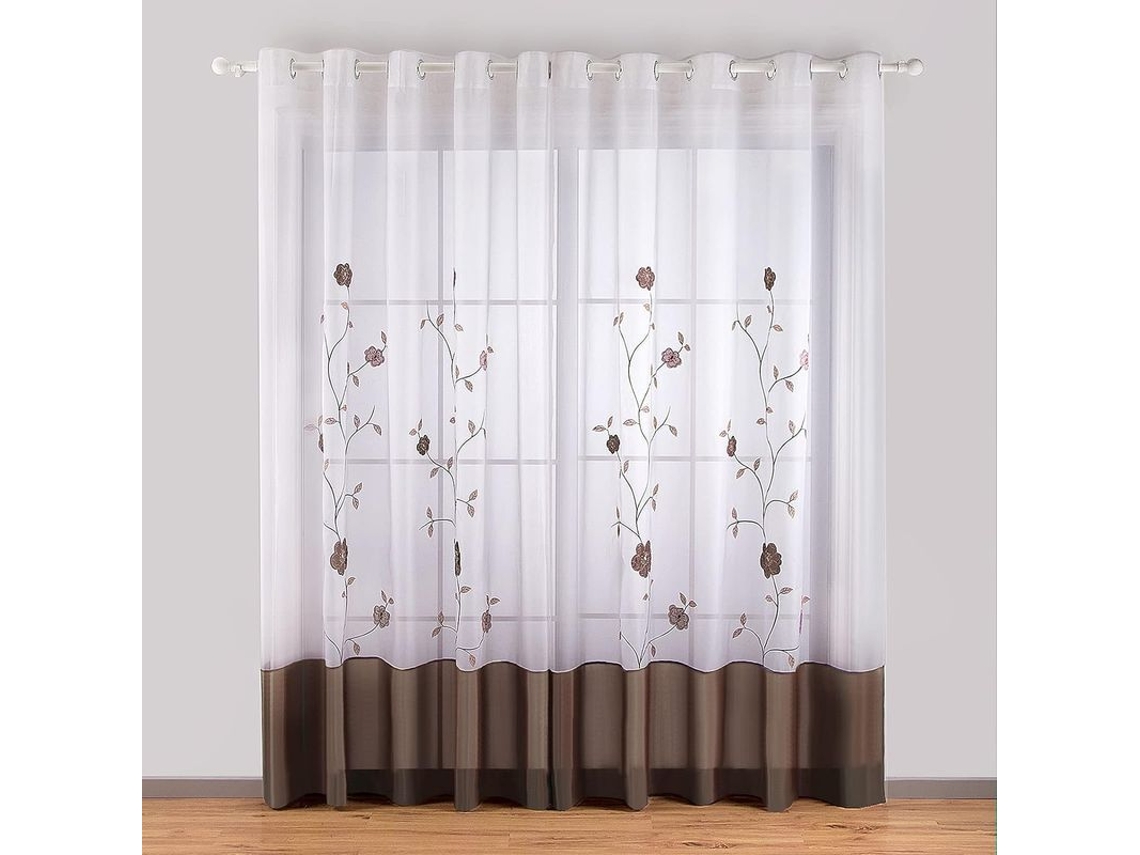 2026-3607-cortina Transparente Con Bordado Floral Ojal 1 Panel 140x260cm Marrón Para Dormitorio Cocina Salón 140x260cm Marrón