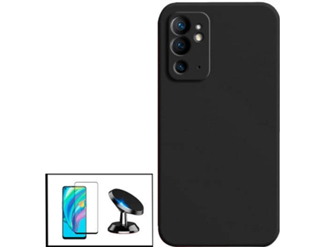 Kit Protector de Cristal Templado 5D Full Cover, Funda Silicona Liquida y Soporte Magnético de Coche OnePlus 9RT 5G PHONECARE Negro