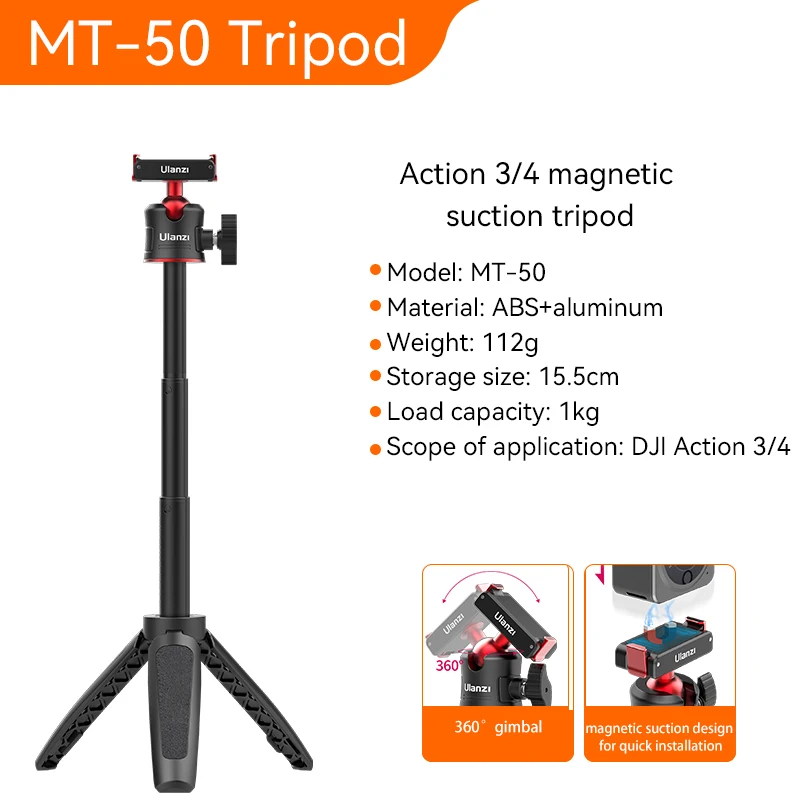 Trípode magnético MT-50 para DJI Osmo Action 5/4/3, ajustable, palo selfie subacuático, soporte para cámara de acción