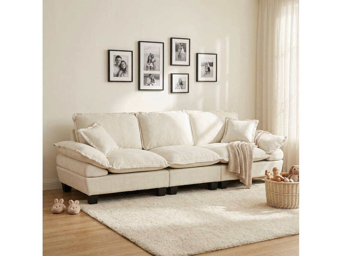 Sofá Modular Chenilla 3 Plazas Con Brazos Curvos Beige
