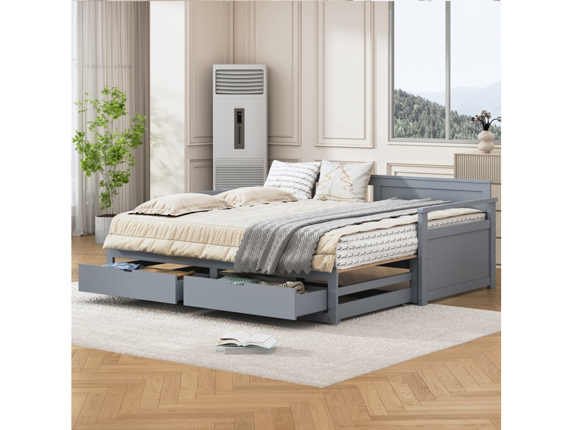 Cama Banqueta Multifuncional 90x190 O 180x190 Cm, Pino Macizo, Cajones Integrados, Cama Nido, Ahorro Espacio, Dormitorio, Gris