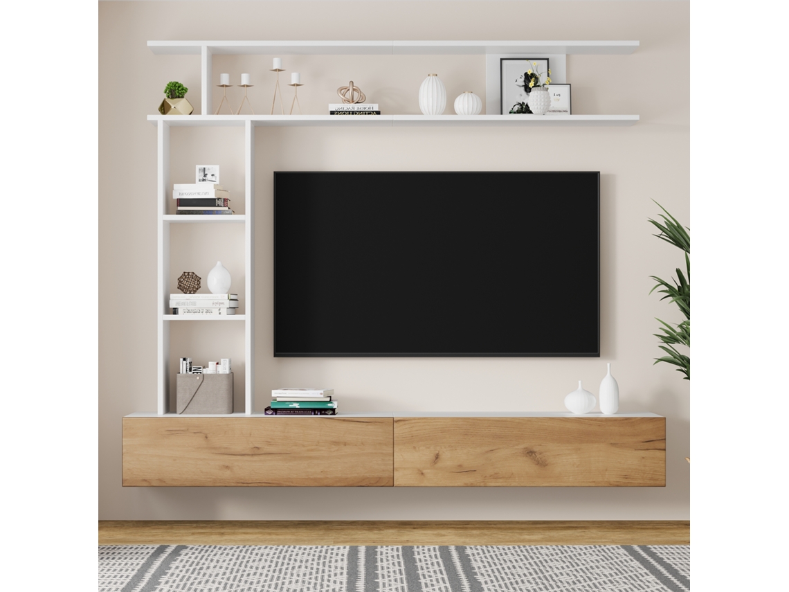 Conjunto De Mueble Para Tv, 2 Puertas, 180x35x22,5 Cm, Estantes, Para Tv De 80 Pulgadas, Blanco Y Madera