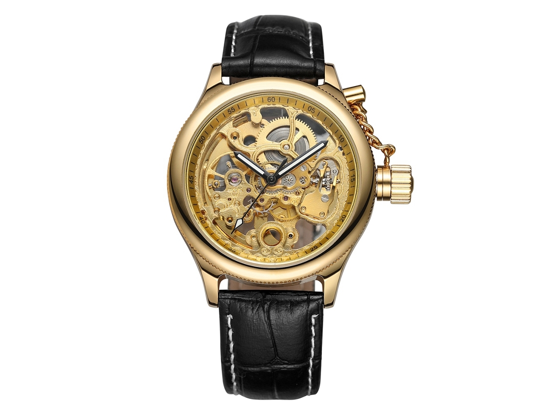 Reloj Mecánico Automático De Moda Para Hombre Con Correa De Piel Sintética, Oro + Oro Negro.
