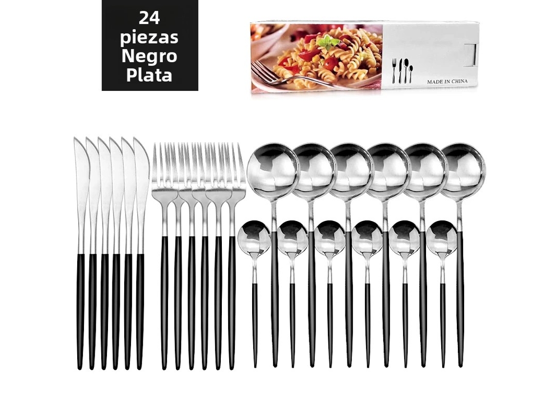 (negro Y Plateado) Juego De Vajilla De Acero Inoxidable De 24 Piezas, Que Incluye Cuchillo, Cuchara,