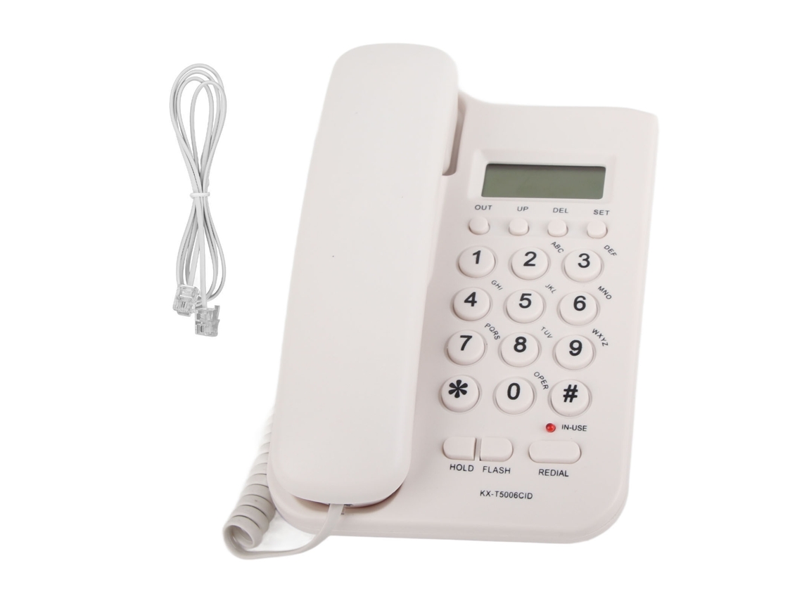Teléfono fijo con volumen ajustable e identificador de llamadas.