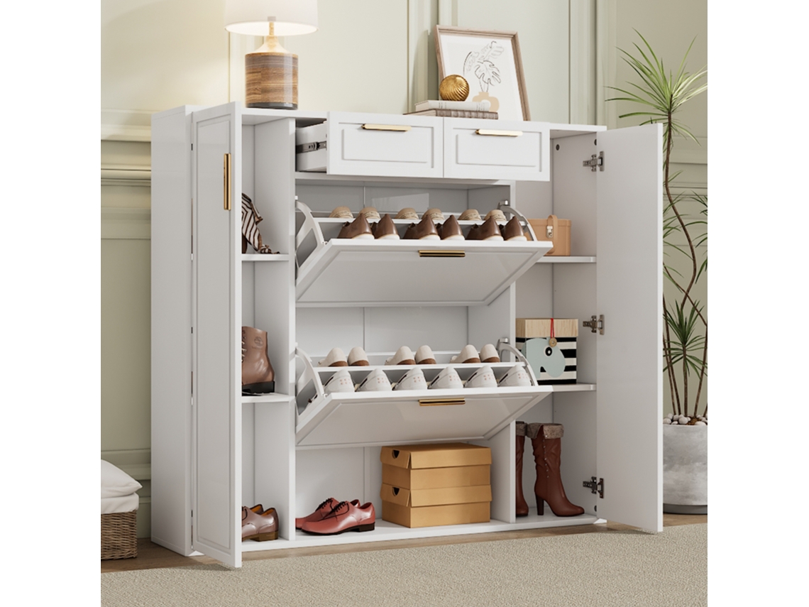 Zapatero Moderno 120x24x107 Cm - Estantes Ajustables, 2 Cajones, Puertas Y Asas Doradas - Blanco