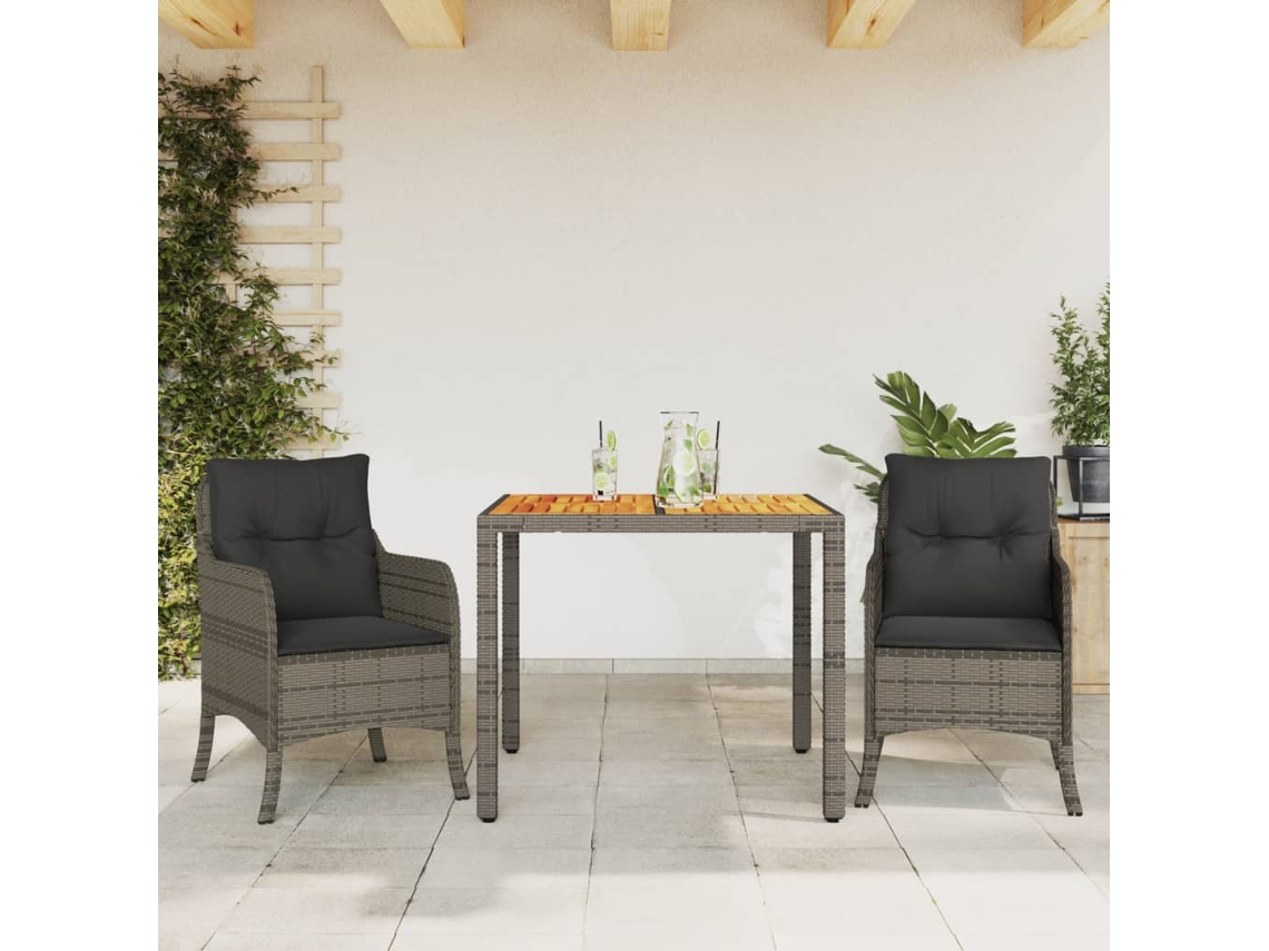 Set Comedor De Jardín 3 Piezas Con Cojines Ratán Sintético Gris