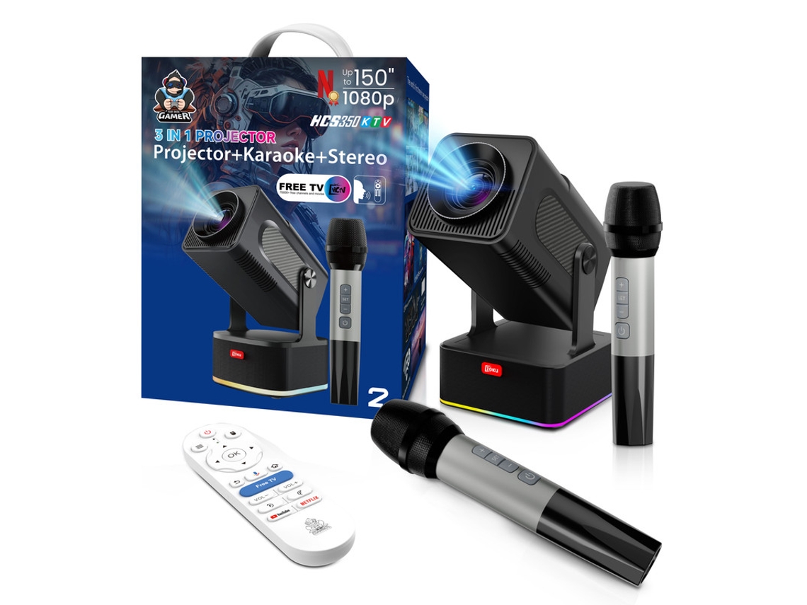 Proyector KTV 3 en 1 Szsmart HCS350, 1080p nativo, 450 ANSI, Android 12, Wi-Fi 6, Bluetooth, con 2 micrófonos, karaoke, sonido de 16 W, corrección trapezoidal automática, cine en casa