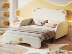 Cama Infantil Tapizada Terciopelo 140x200 Cm - Cama Nido, Cabecero Forma Oso - Somier Láminas - Beige