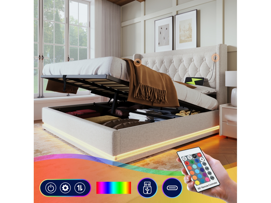 Cama Hidráulica De 160x200 Cm, Algodón Beige, Led, Usb-c. Colchón No Incluido.