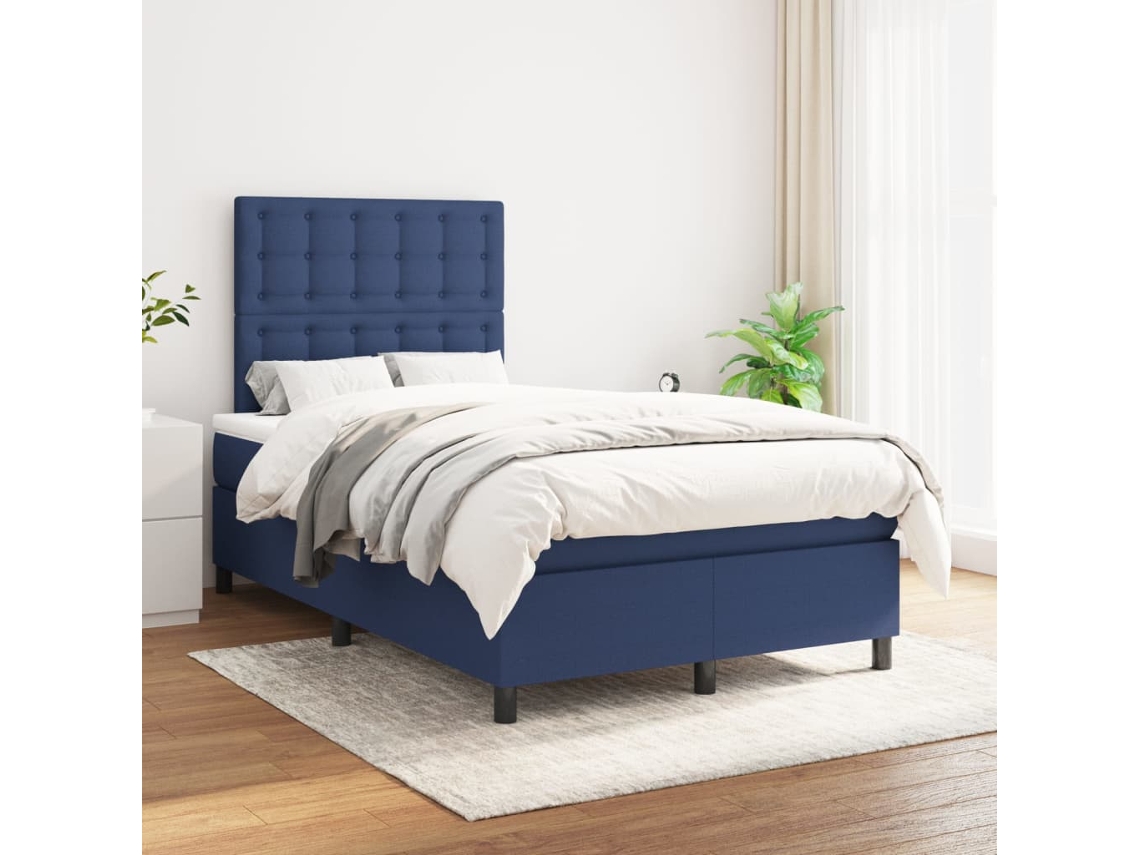 Cama Box Spring Con Colchón Tela Azul 120x200 Cm
