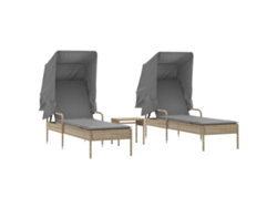 Tumbonas con toldo y mesa de 2 piezas, mimbre, beige, MAISON EXCLUSIVE