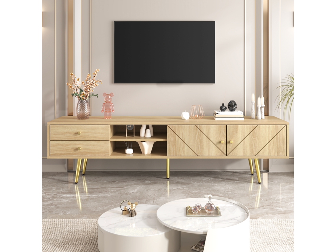 Mueble Para Tv, 160x36x42 Cm, Patas Doradas, 2 Cajones, Puertas Ranuradas, Nichos Abiertos, Para Tv De 60-75 Pulgadas, Madera