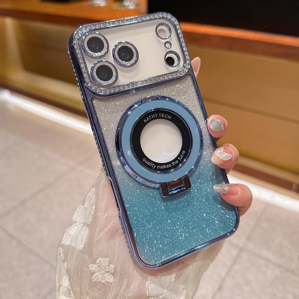 (azul, Iphone 16) Funda Para Teléfono De Alta Calidad Con Brillantes Diamantes De Imitación Y Soporte Magnético De Carga Inalámbrica.