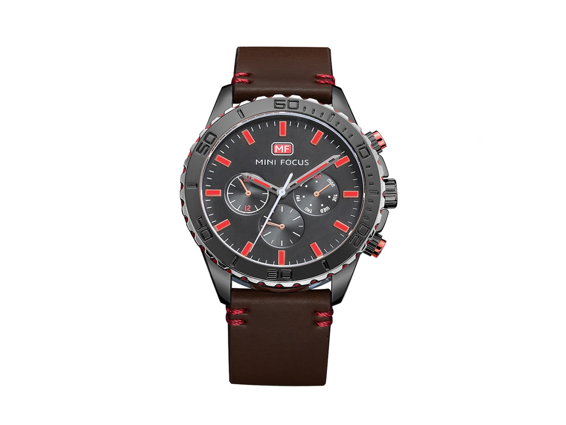 Reloj De Pulsera Analógico Redondo De Aleación Con Correa De Cuero Gris Marrón.