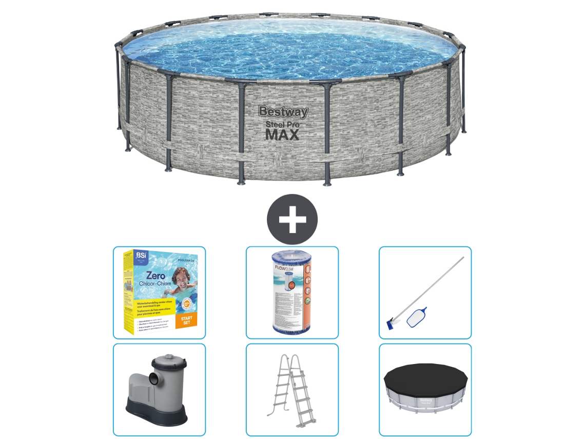 Piscina BESTWAY Round Steel Pro MAX - Estampado Piedra - 488 x 122 cm - Incluida Bomba - Escalera - Cobertor Accesorios CB36