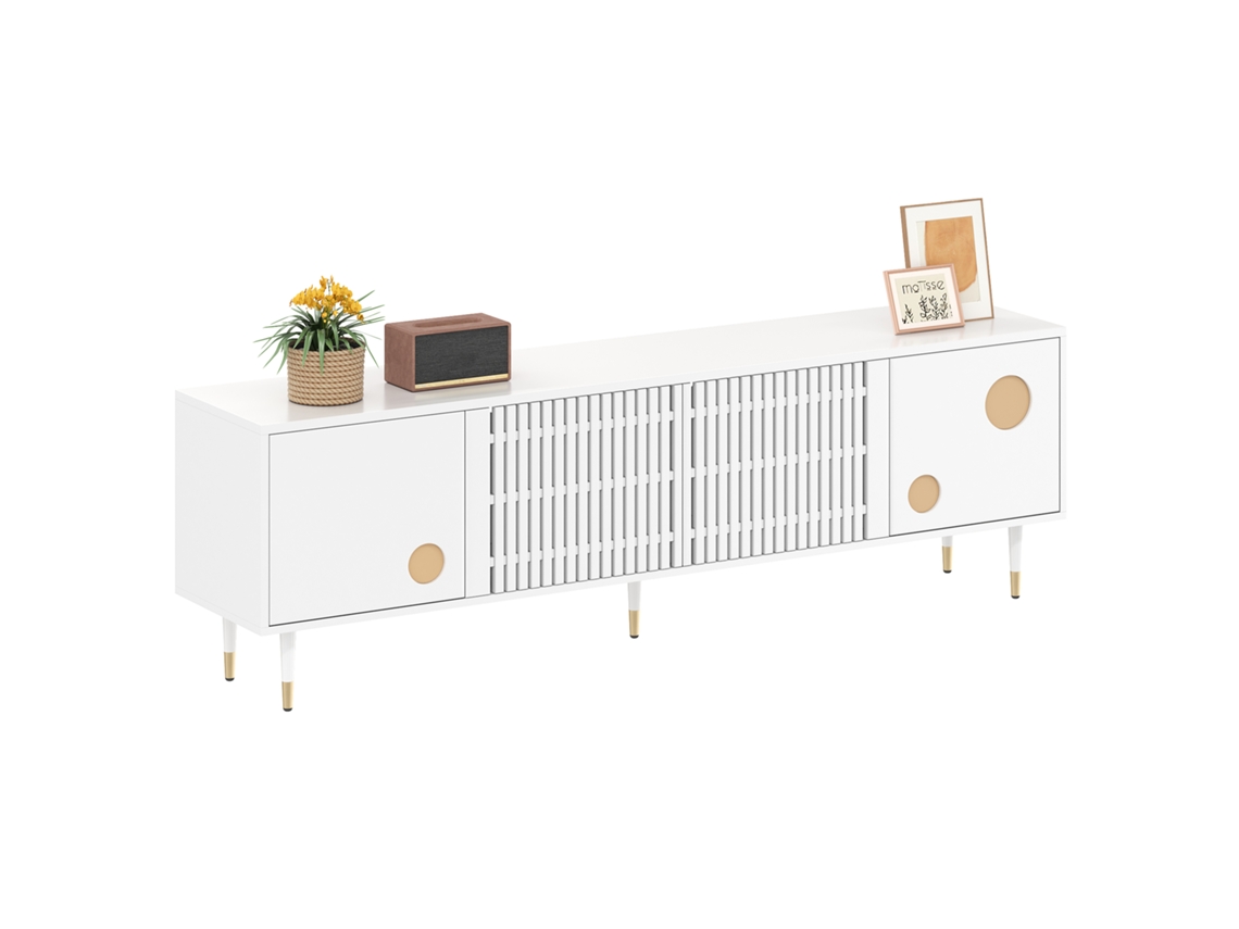 Mueble de TV con estructura enrejada, tiradores empotrados y detalles dorados. Mueble de salón. Dos puertas de madera maciza. Tienda BAGOLY.