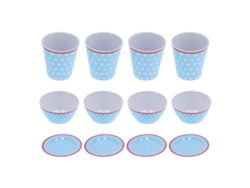 Juego de vajilla de melamina de 12 piezas con taza, tazón y plato con lunares azul claro para el hogar, el restaurante y la cocina.