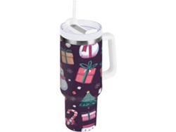 Taza térmica de 1200 ml con diseño navideño, pajita y tapa aislante de acero inoxidable con asa (sin marca).