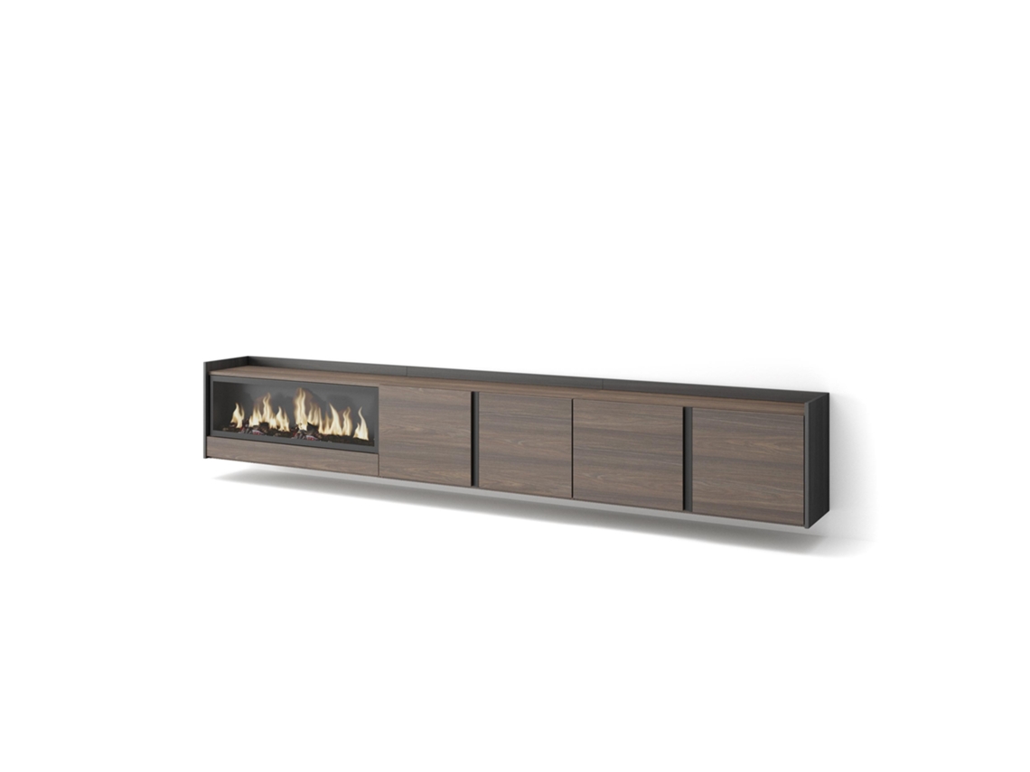 Mueble Tv, Televisión, 315x35x50cm, Para Tv Hasta 80", Chimenea Eléctrica Xxl, Colgado, Suspendido, Roble Oscuro Y Negro