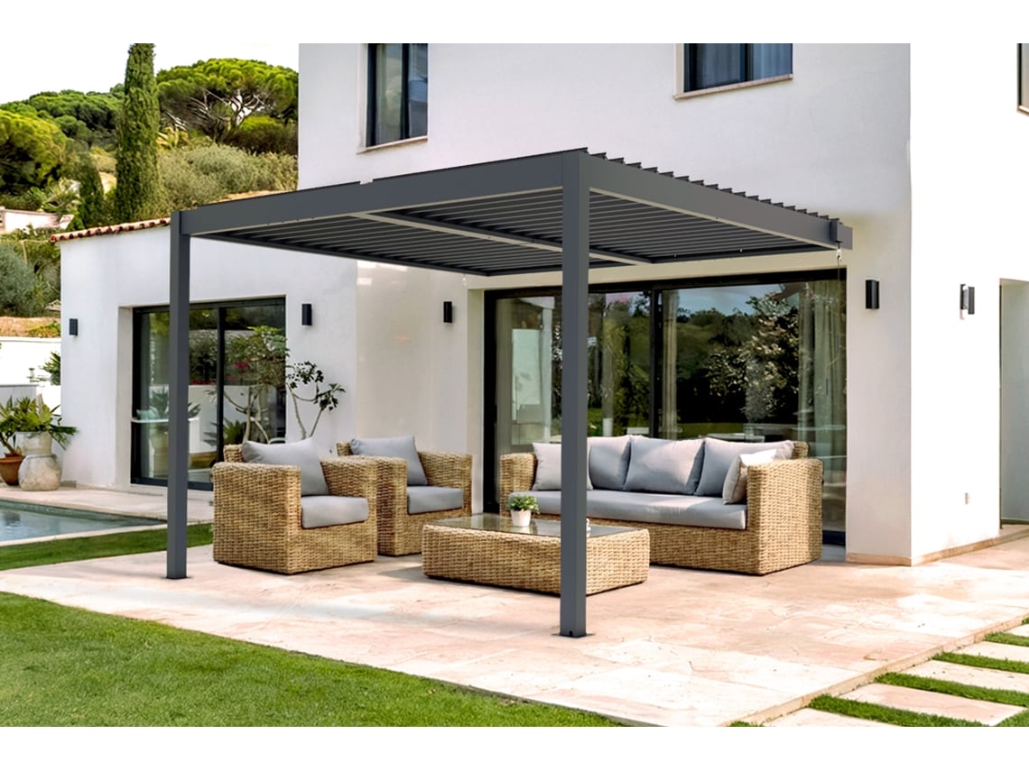 Pérgola bioclimática de aluminio 3x3m - lamas orientables - Gris antracita, Adosada en la pared PIANA