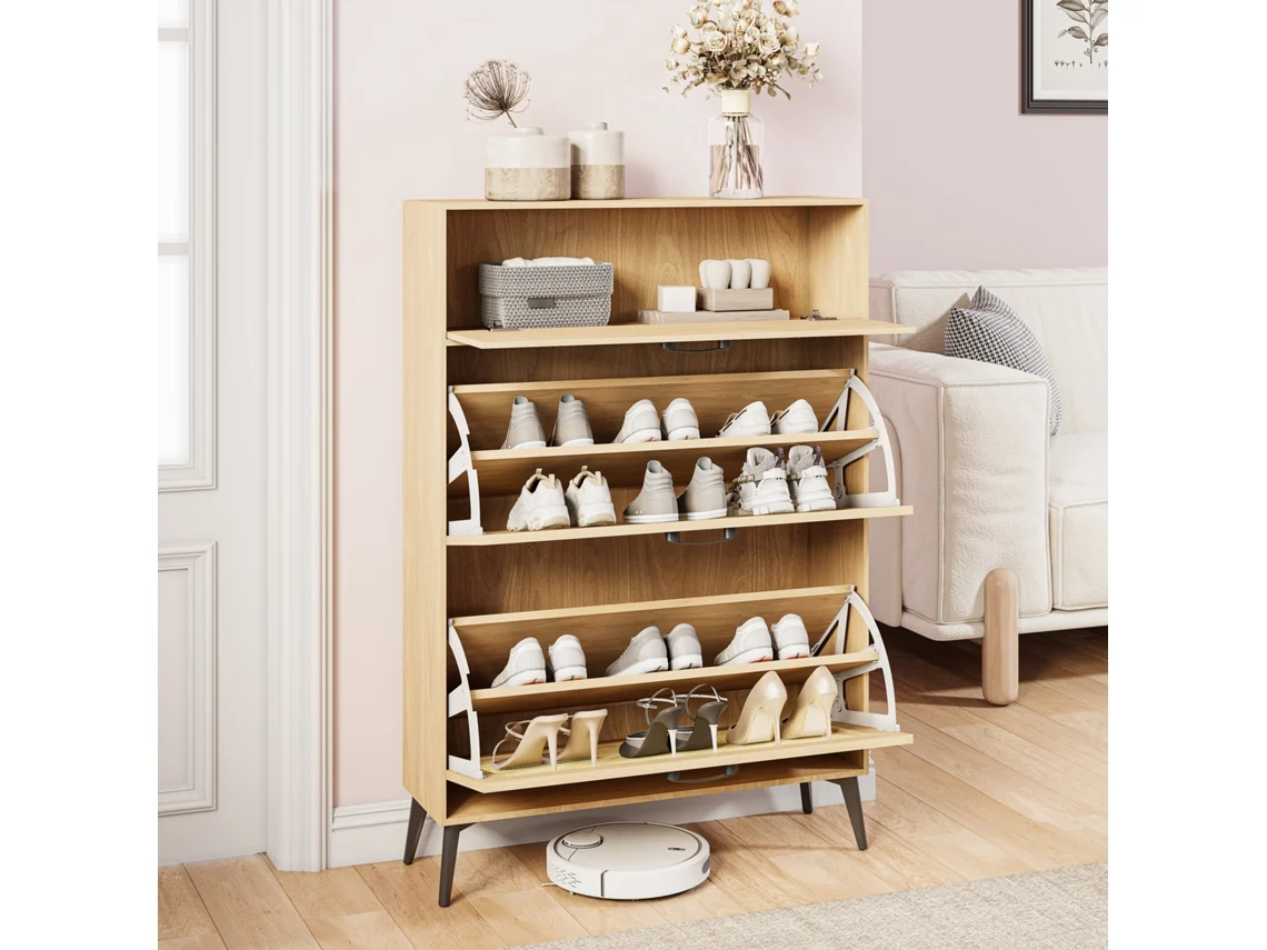 Zapatero De Madera Clara Con Puertas De Ratán Tejido, Cajón Superior Y Patas Negras: Almacenamiento Espacioso Y Diseño Minimalista.