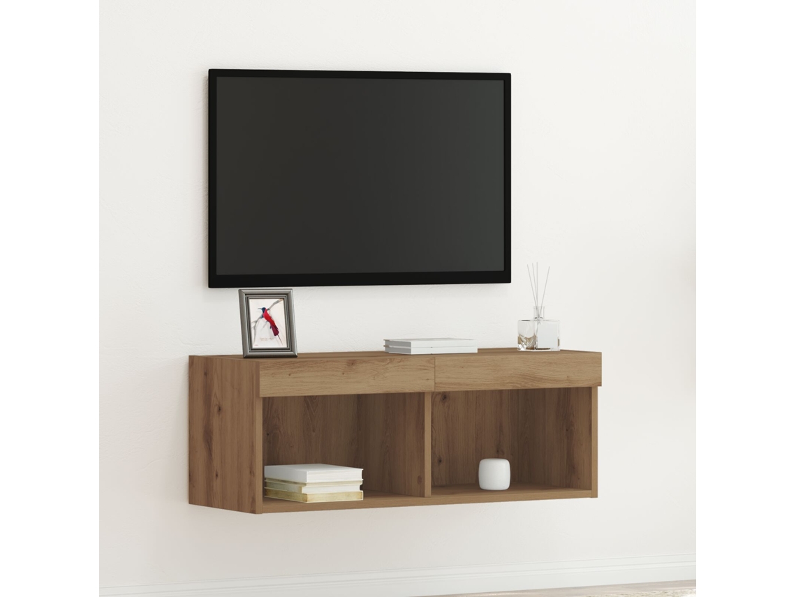 Mueble Tv De Pared | Mueble De Salón | Cabinet De Tv Con Luces Led Roble Artesano 80x30x30 Cm Wsd392968