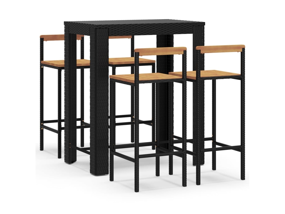 Conjunto 5 Mesa bar y taburetes jardín VIDAXL madera acacia ratán PE negro