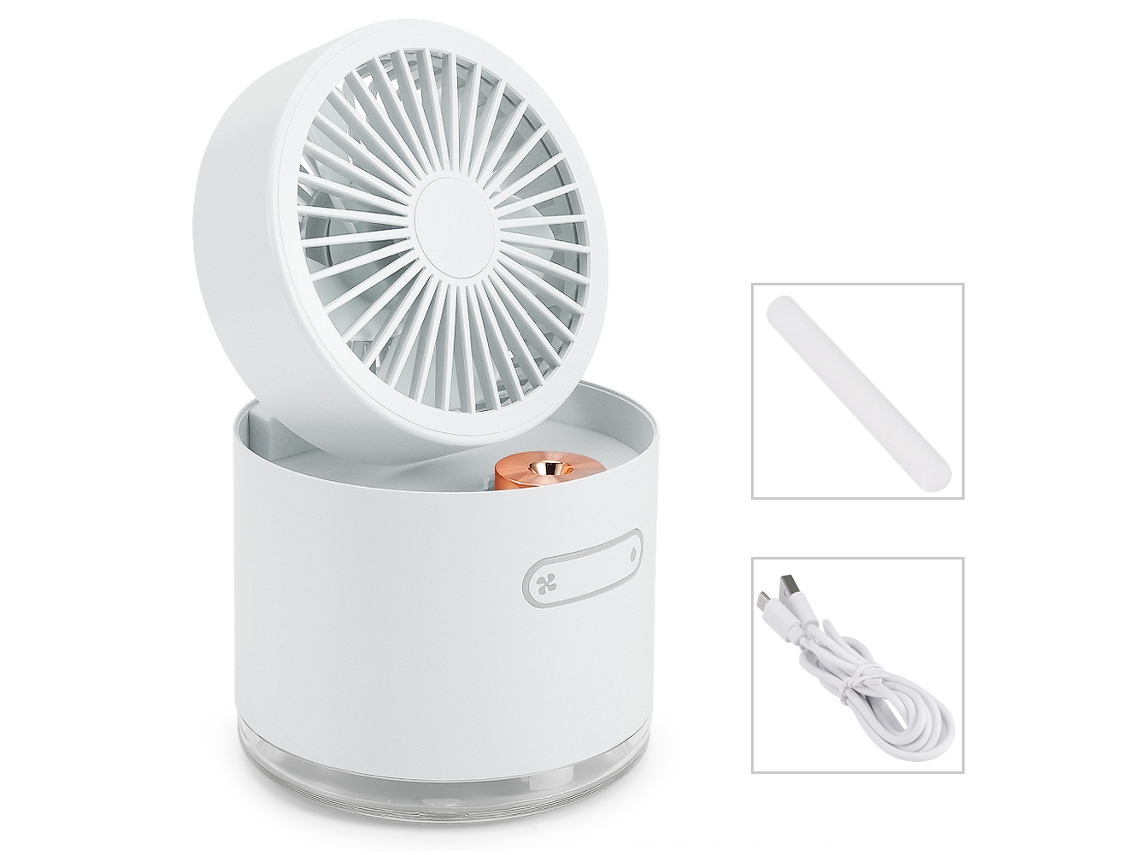 Ventilador humidificador USB portátil 2 en 1, blanco, silencioso.