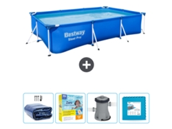 Piscina BESTWAY Rectangular Steel Pro - 300 x 201 x 66 cm - Azul - Incluida Vela solar - Paquete de mantenimiento - Bomba - Baldosas