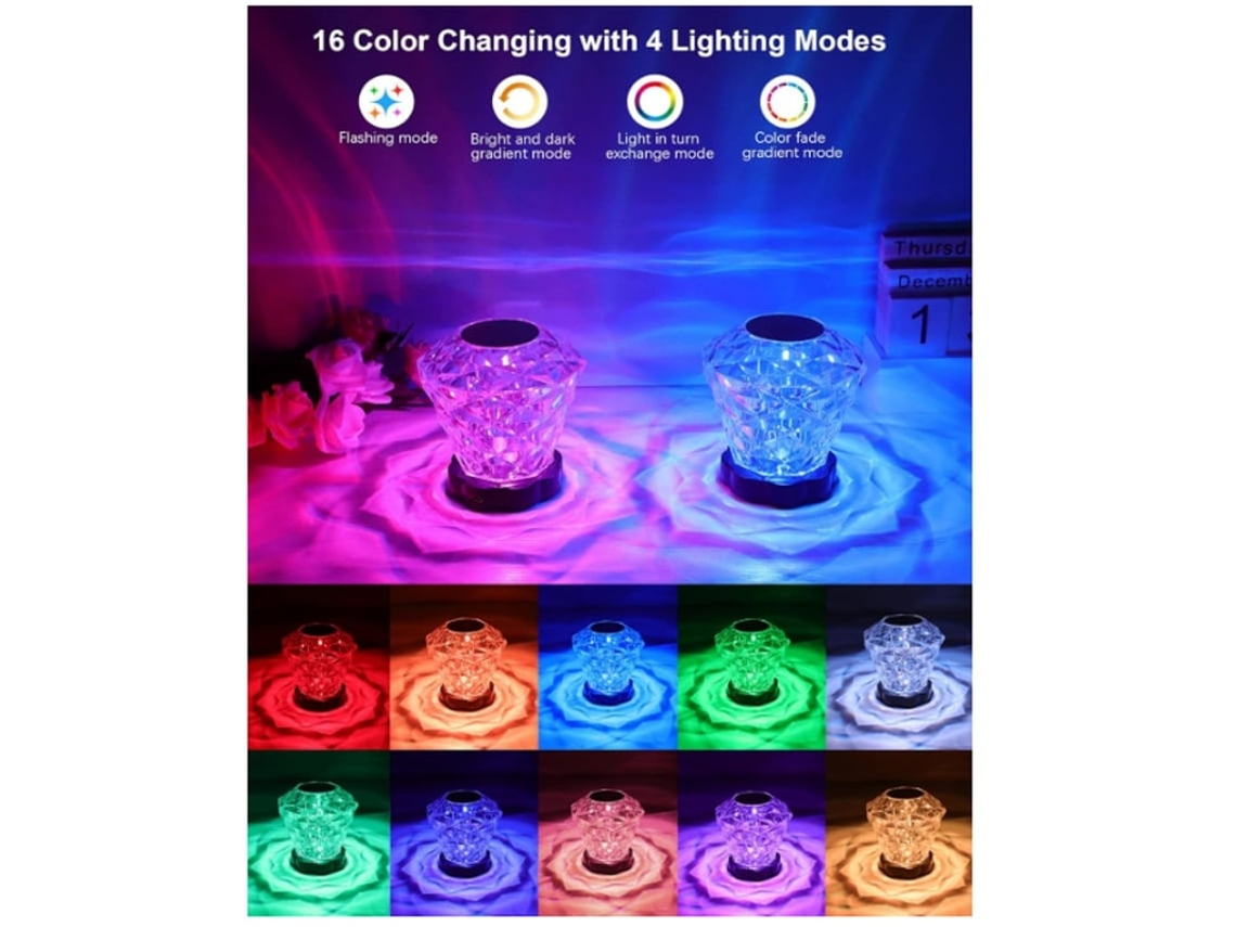 Lámpara de cristal rosa con control táctil, 16 colores RGB y atenuador, luz nocturna Bestvite Diamond, lámpara de mesita de noche