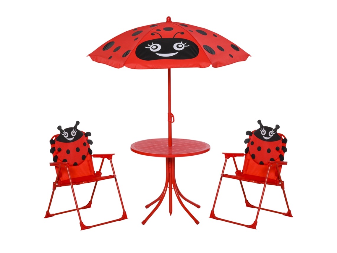 Conjunto Mesa Piquenique Infantil Jardim Guarda-sol Ajustável Vermelho Joaninha