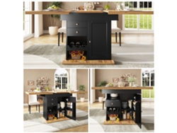 Mesa Extensible Telescópica 110-140×80 Cm - Mesa Con Estante Para Snacks Y Vino - Negro, Natural