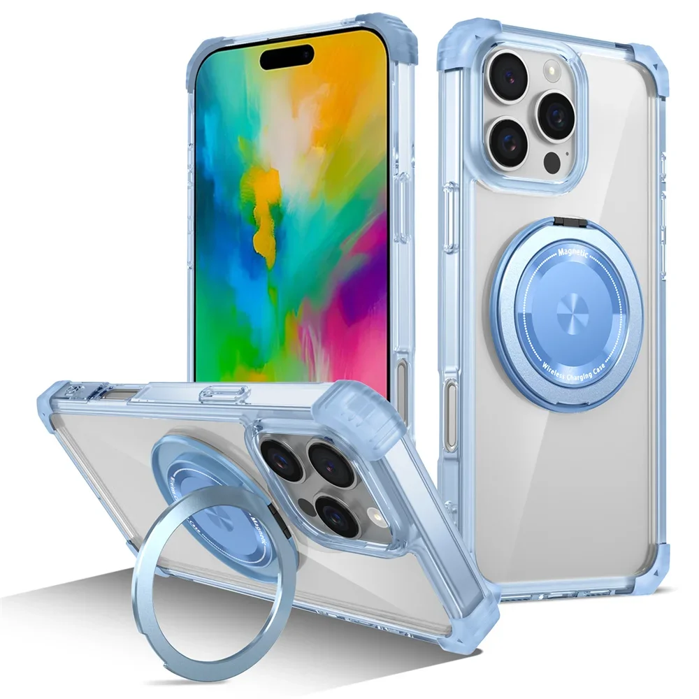 (azul, Iphone 14 Pro) Funda Magnética Para Teléfono Con Carga Inalámbrica Y Soporte Giratorio Transparente Invisible.