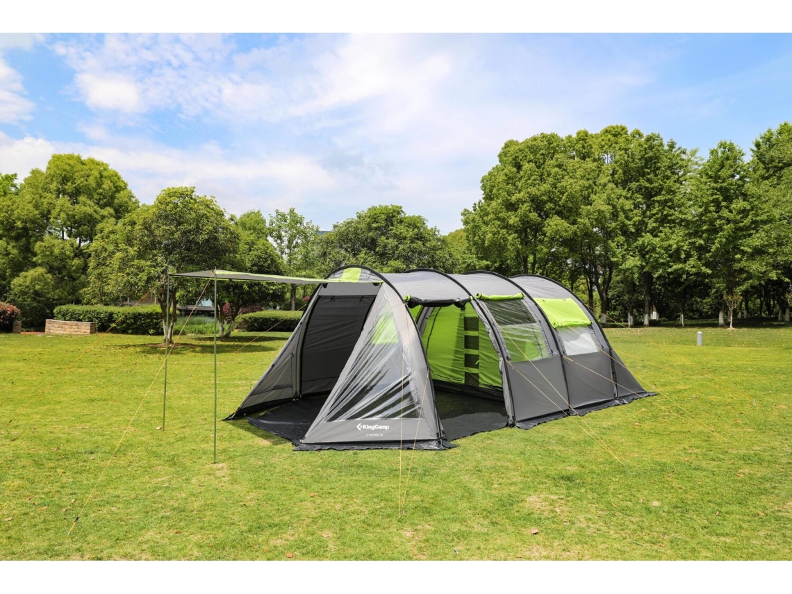 Tienda de campamento familiar de 4 salas - Amplio y cómodo 570 x 320 x 200 cm Verde y gris TRENDYFLAIR