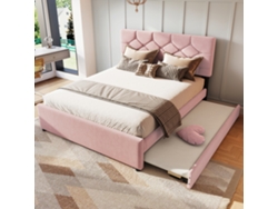 Cama Doble Tapizada De 140x200cm Con Listones Y Contenedor Con Rodillos En Rosa