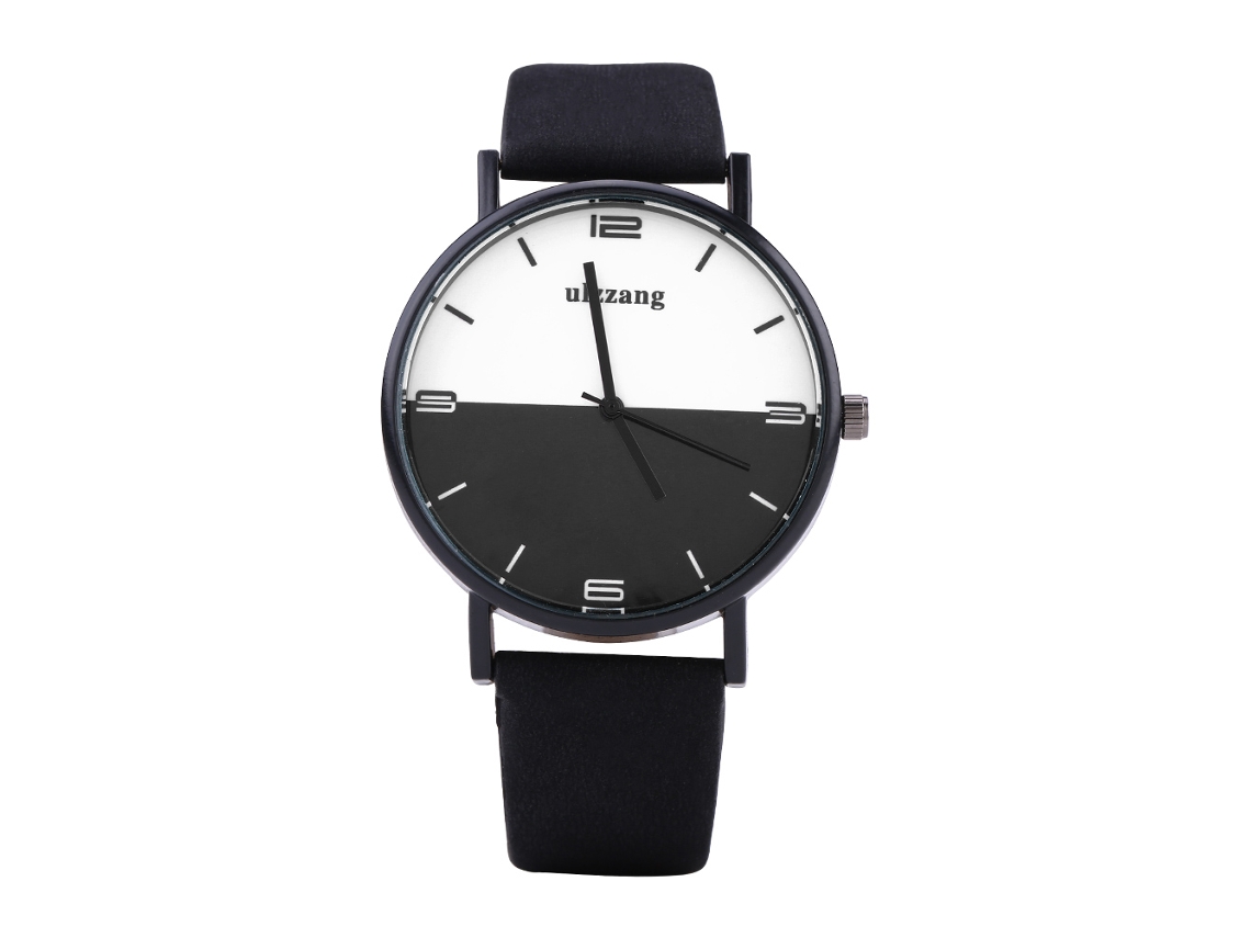 Reloj analógico de cuarzo redondo con correa Ulzzang de PU (correa negra, esfera negra)