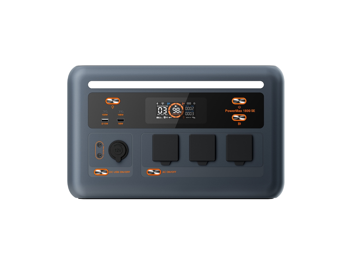 Estación de energía portátil Oscal Powermax 1800 SE con batería de fosfato de hierro de 1024 Wh, carga solar de 800 W, 10 salidas, para uso doméstico y de emergencia en camping.