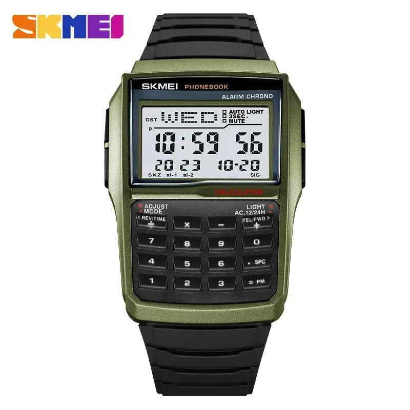 Reloj Digital Informal Para Hombre Con Doble Zona Horaria, Cuenta Regresiva Y Agenda Telefónica (verde Militar)