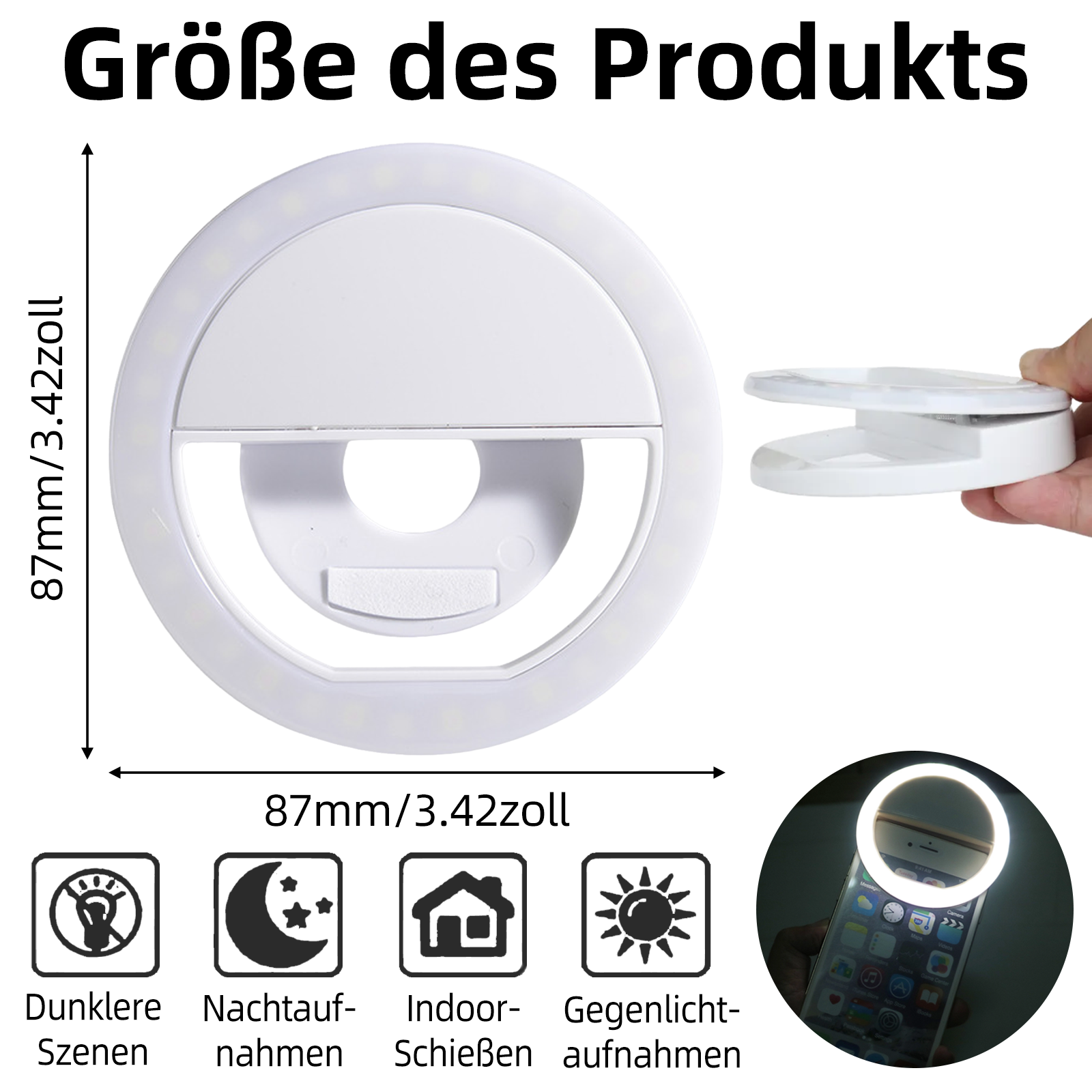 MEOIRUERY Anillo de luz para móvil, luz de selfie con 3 niveles de brillo, anillo luminoso regulable con pinza, recargable para smartphone, portátil, reuniones 