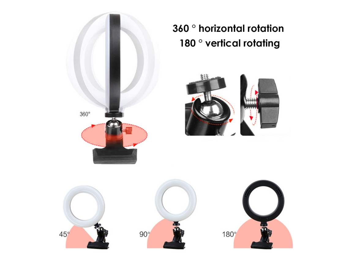 Anillo de luz LED RGB de 6 pulgadas (2026) con abrazadera USB ajustable para selfies, reuniones y maquillaje.